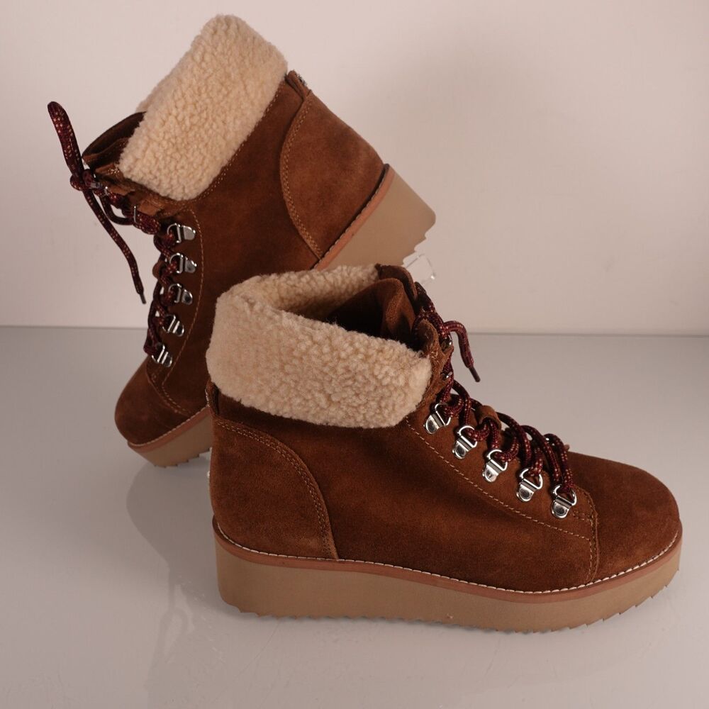 Sam Edelman Women's Franc Brown Suede Shearling Hiking Boots Platform Size 7 New
